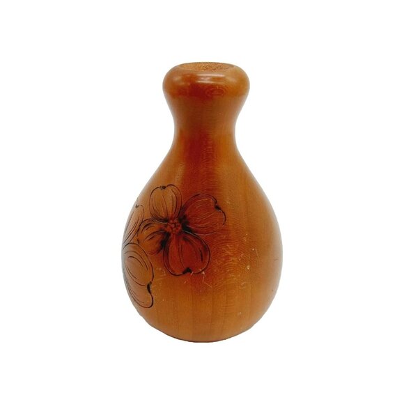 Janis Proffitt Wood Vase 1998 Floral Cherry Wood READ 3 3/4" - Picture 2 of 9
